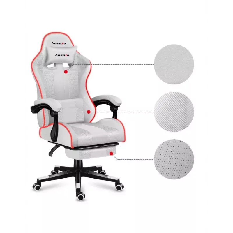 Fotel gamingowy Huzaro FORCE 4.7 RGB biały — kubełkowe siedzisko z tkaniny, maks. obciążenie 140 kg, regulacja wysokości 43–53 cm, pochylenie 90–140°