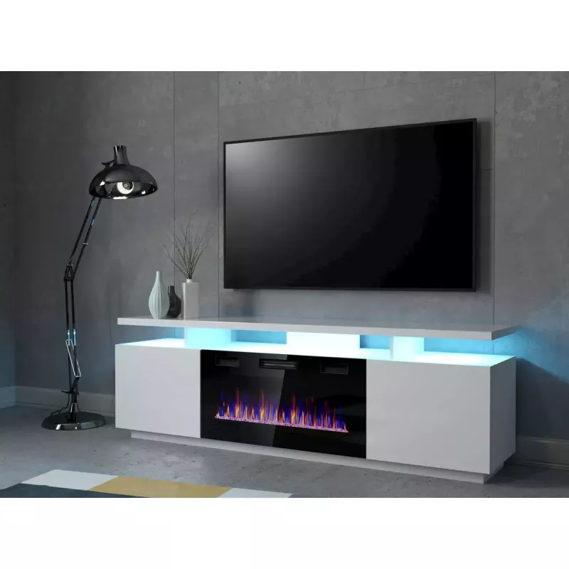 Szafka RTV Cama Meble EVA z kominkiem elektrycznym 180×40×52 cm, stelaż biały, drzwi na wysoki połysk biały, blat MDF