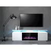 Szafka RTV Cama Meble EVA z kominkiem elektrycznym 180×40×52 cm, stelaż biały, drzwi na wysoki połysk biały, blat MDF