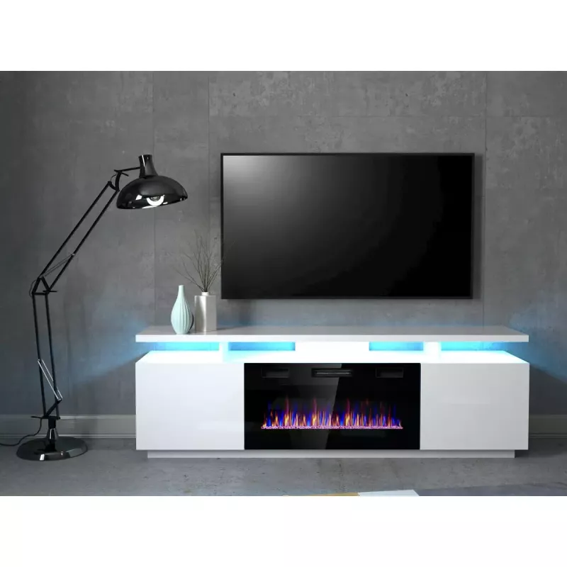 Szafka RTV Cama Meble EVA z kominkiem elektrycznym 180×40×52 cm, stelaż biały, drzwi na wysoki połysk biały, blat MDF