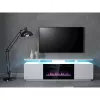 Szafka RTV Cama Meble EVA z kominkiem elektrycznym 180×40×52 cm, stelaż biały, drzwi na wysoki połysk biały, blat MDF
