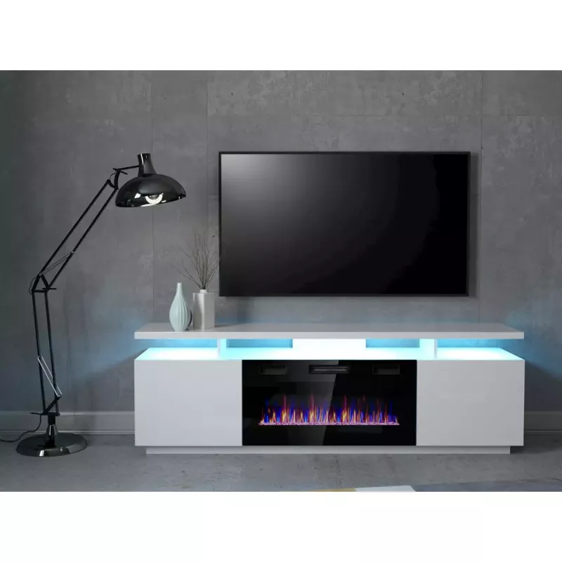 Szafka RTV Cama Meble EVA z kominkiem elektrycznym 180×40×52 cm, stelaż biały, drzwi na wysoki połysk biały, blat MDF