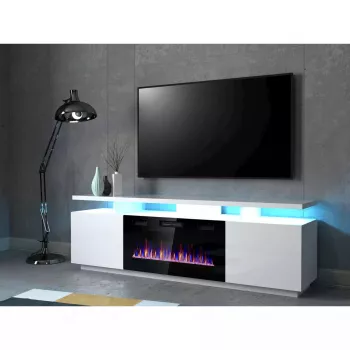 Szafka RTV Cama Meble EVA z kominkiem elektrycznym 180×40×52 cm, stelaż biały, drzwi na wysoki połysk biały, blat MDF