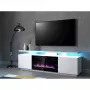 Szafka RTV Cama Meble EVA z kominkiem elektrycznym 180×40×52 cm, stelaż biały, drzwi na wysoki połysk biały, blat MDF