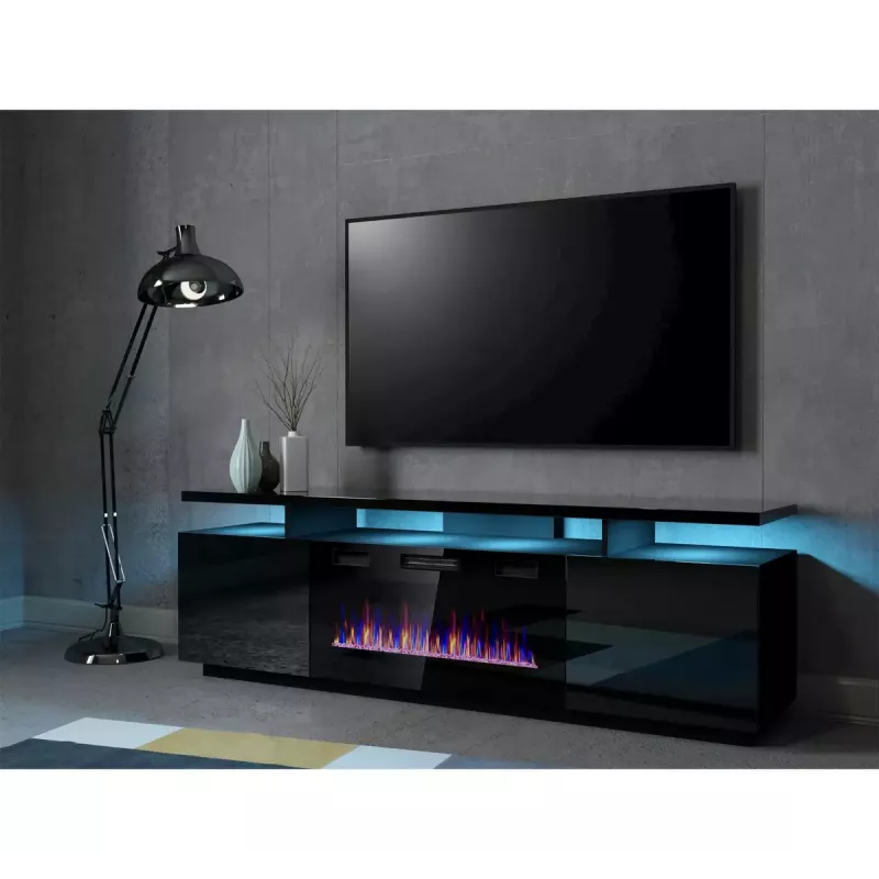 Szafka pod telewizor Cama Meble EVA z kominkiem elektrycznym 180x40x52 cm, czarny/czarny połysk