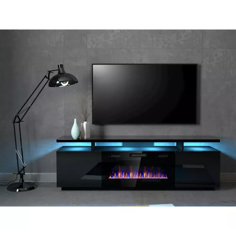 Szafka pod telewizor Cama Meble EVA z kominkiem elektrycznym 180x40x52 cm, czarny/czarny połysk