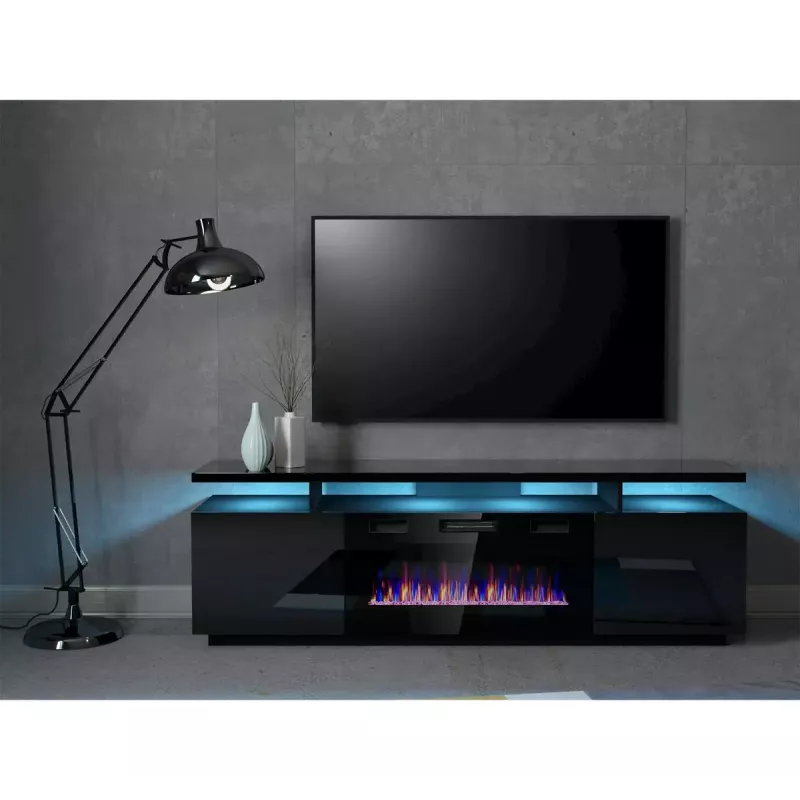Szafka pod telewizor Cama Meble EVA z kominkiem elektrycznym 180x40x52 cm, czarny/czarny połysk