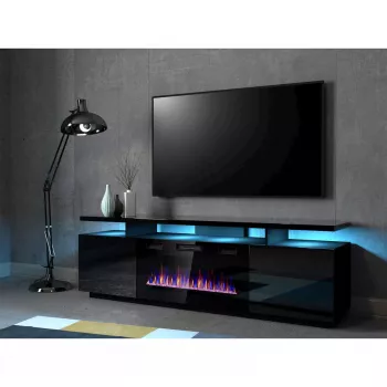 Szafka pod telewizor Cama Meble EVA z kominkiem elektrycznym 180x40x52 cm, czarny/czarny połysk
