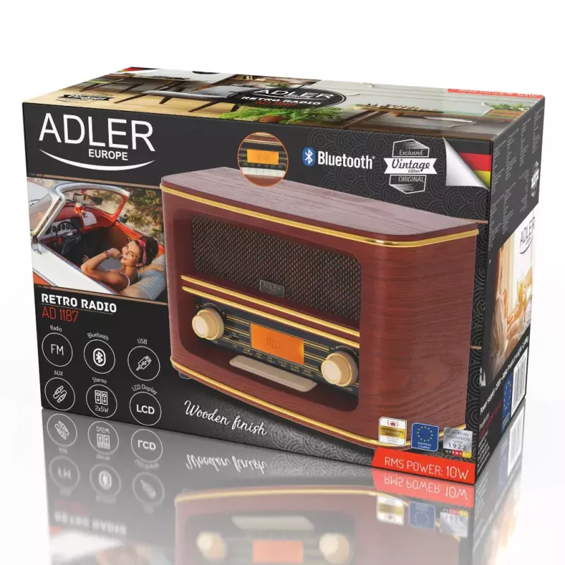 Przenośne radio Adler AD 1187 — FM, 10 W RMS, wyświetlacz LCD, brązowy, 300×140×210 mm