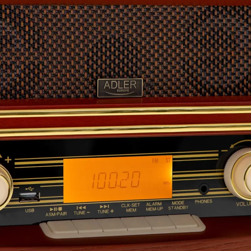 Przenośne radio Adler AD 1187 — FM, 10 W RMS, wyświetlacz LCD, brązowy, 300×140×210 mm