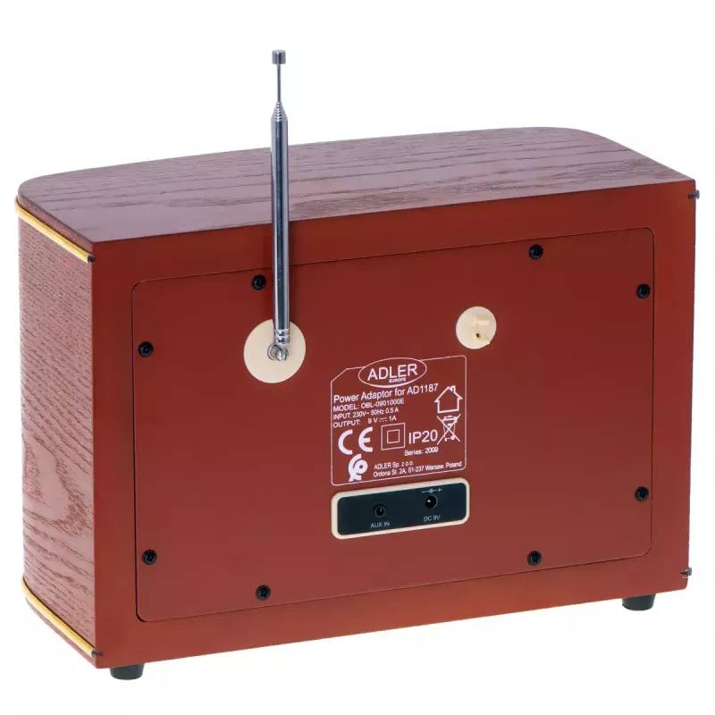 Przenośne radio Adler AD 1187 — FM, 10 W RMS, wyświetlacz LCD, brązowy, 300×140×210 mm