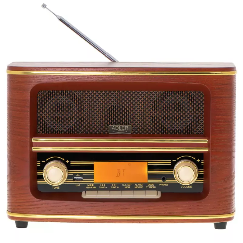 Przenośne radio Adler AD 1187 — FM, 10 W RMS, wyświetlacz LCD, brązowy, 300×140×210 mm