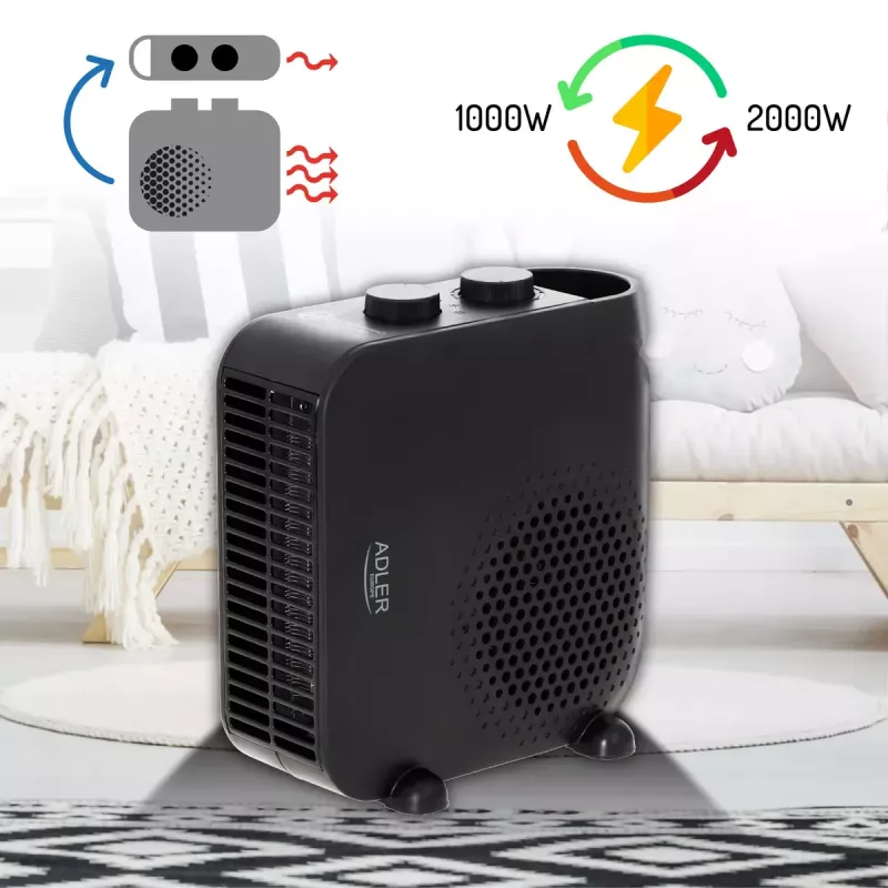 Wentylatorowy grzejnik elektryczny Adler AD 7725B, 2000 W, 2 poziomy mocy, regulowany termostat, czarny