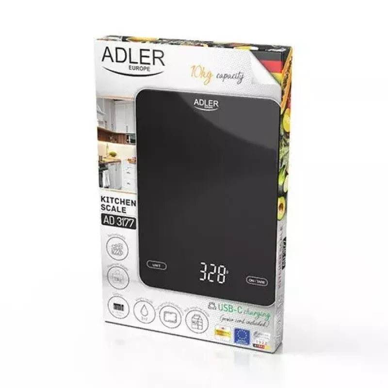 Elektroniczna waga kuchenna Adler AD 3177b — pojemność 10 kg, dokładność 1 g, czarna, szklany blat