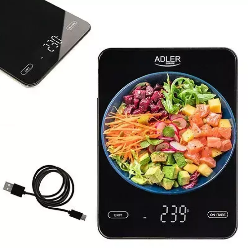 Elektroniczna waga kuchenna Adler AD 3177b — pojemność 10 kg, dokładność 1 g, czarna, szklany blat