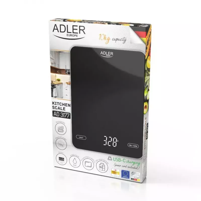 Elektroniczna waga kuchenna Adler AD 3177b — pojemność 10 kg, dokładność 1 g, czarna, szklany blat