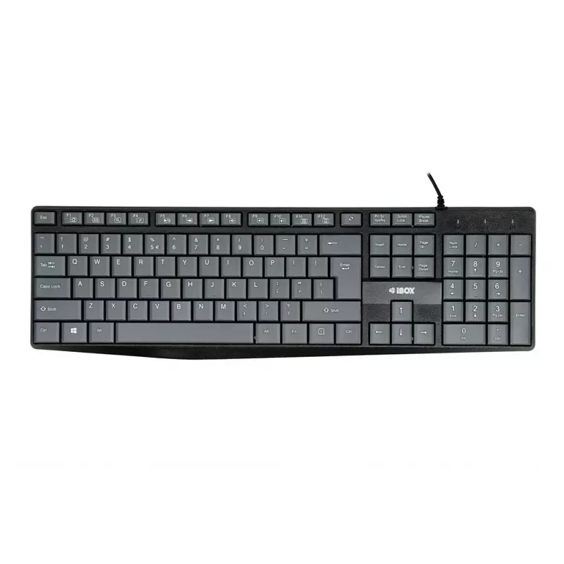 Przewodowa klawiatura USB IBOX Eris IKC2010G — pełnowymiarowa, 105 klawiszy, USB, szaro-czarna, wodoodporna, kabel 1,8 m