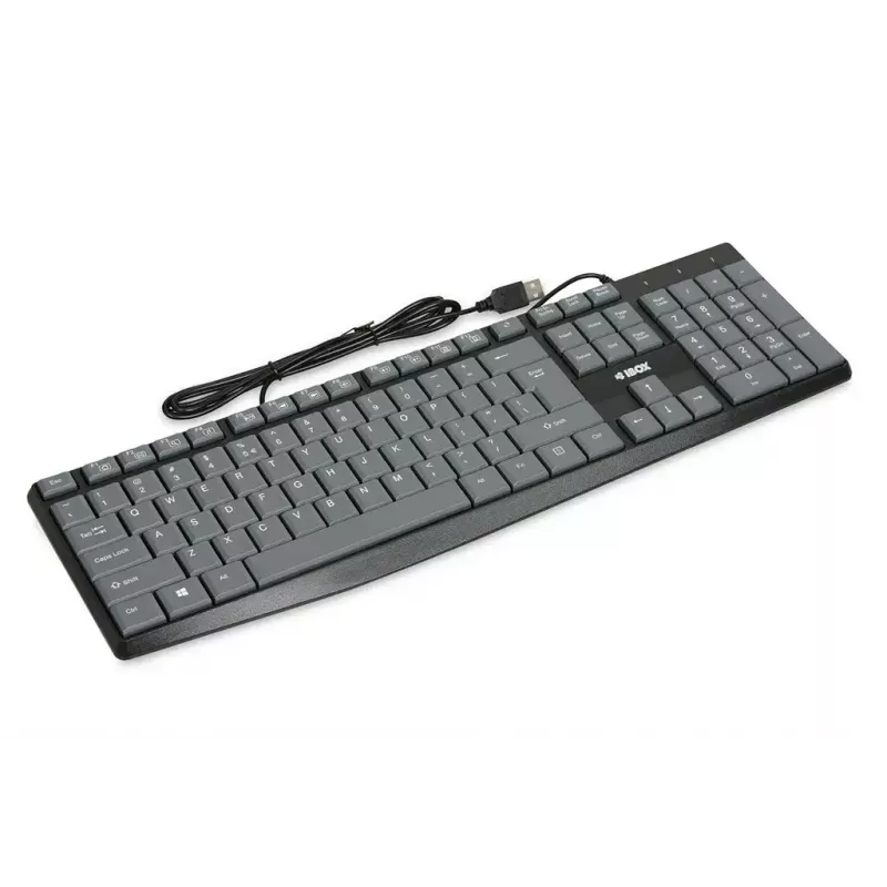 Przewodowa klawiatura USB IBOX Eris IKC2010G — pełnowymiarowa, 105 klawiszy, USB, szaro-czarna, wodoodporna, kabel 1,8 m