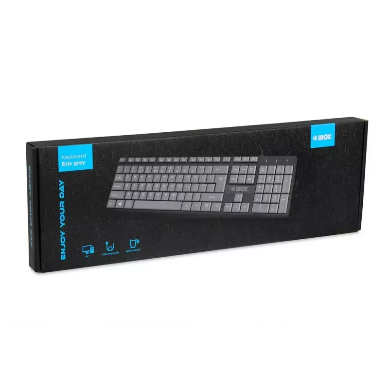 Przewodowa klawiatura USB IBOX Eris IKC2010G — pełnowymiarowa, 105 klawiszy, USB, szaro-czarna, wodoodporna, kabel 1,8 m