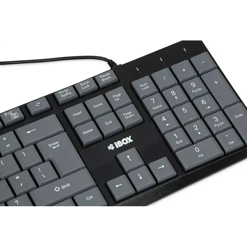 Przewodowa klawiatura USB IBOX Eris IKC2010G — pełnowymiarowa, 105 klawiszy, USB, szaro-czarna, wodoodporna, kabel 1,8 m