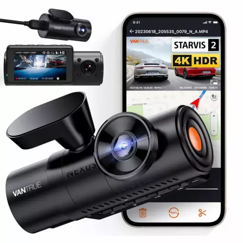 Kamera samochodowa VANTRUE N4 PRO 3-kanałowa, główna 3840×2160, 165° przód, 160° wnętrze, GPS, Wi‑Fi, wyświetlacz IPS, MicroSD do 512GB