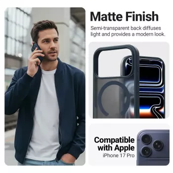 Ochronne etui MagSafe Crong Hybrid Matte Magnetic do iPhone 17 Pro — PC + TPU, półprzezroczysty granatowy