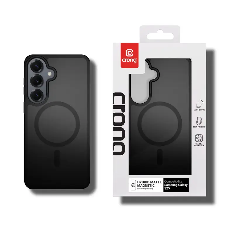 Crong Hybrid Matte Magnetic etui do Samsung Galaxy S25 — TPU+PC, pierścienie magnetyczne, czarne