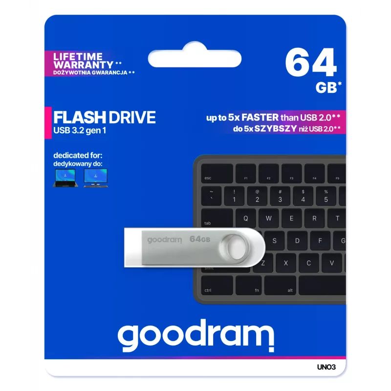 Goodram USB UNO3-0640S0R11 Pamięć USB 64 GB USB Type-A 3.2 Gen 1 (3.1 Gen 1) Srebrny