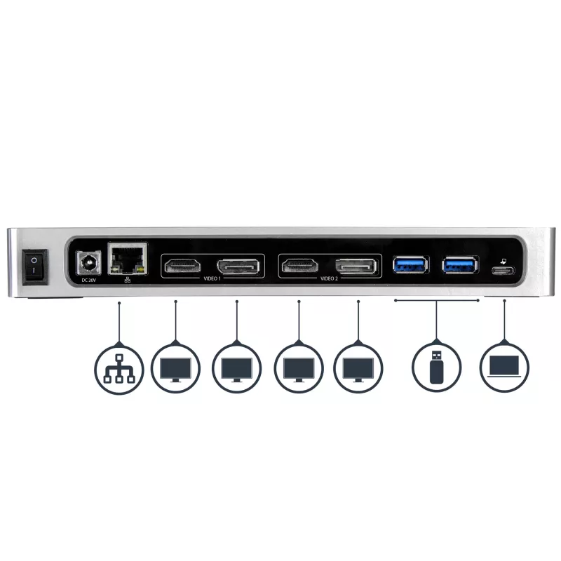 Stacja dokująca StarTech.com USB-C i USB-A – Dual Monitor 4K 60 Hz, DisplayPort + HDMI – Hybrydowa stacja dokująca USB 3.0 dla laptopów z USB-C lub USB-A – 6x USB Typ-A, GbE – USB 3.1 Gen 1 – Mac/Windows
