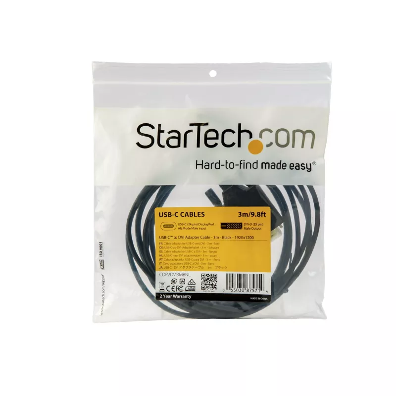 StarTech.com 10ft (3m) USB C do DVI Kabel - 1080p (Single Link) USB Type-C (DP Alt Mode HBR2) do DVI-Digitalny adapter kablowya Wideo - Współpracuje z Thunderbolt 3 - Laptop do Monitora/Wyświetlacza DVI
