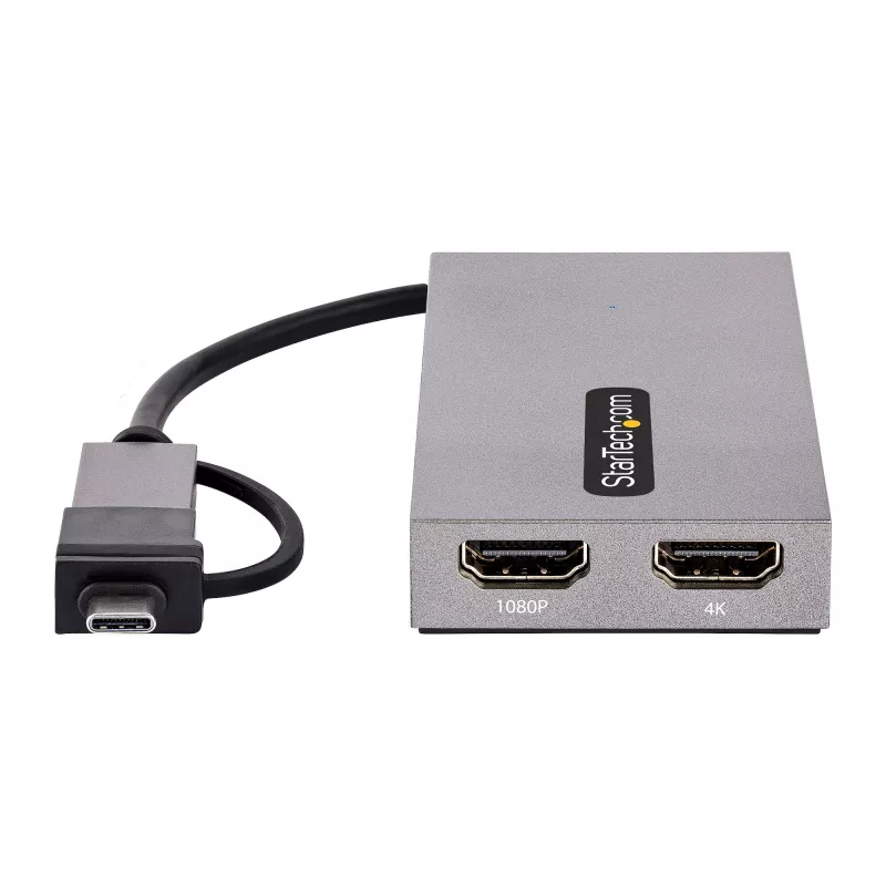 StarTech.com Adapter USB na Dual HDMI, USB A/C do 2 wyświetlaczy HDMI (1x 4K30Hz, 1x 1080p), zintegrowany klucz USB-A na C, kabel 4cale/11cm, Adapter USB 3.0 na HDMI, Windows i macOS