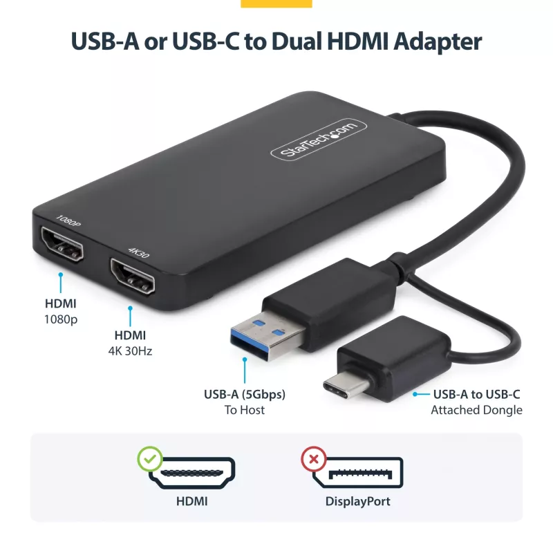 StarTech.com Adapter USB na Dual HDMI, USB A/C do 2 wyświetlaczy HDMI (1x 4K30Hz, 1x 1080p), zintegrowany klucz USB-A na C, kabel 4cale/11cm, Adapter USB 3.0 na HDMI, Windows i macOS