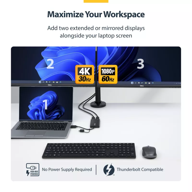 StarTech.com Adapter USB na Dual HDMI, USB A/C do 2 wyświetlaczy HDMI (1x 4K30Hz, 1x 1080p), zintegrowany klucz USB-A na C, kabel 4cale/11cm, Adapter USB 3.0 na HDMI, Windows i macOS