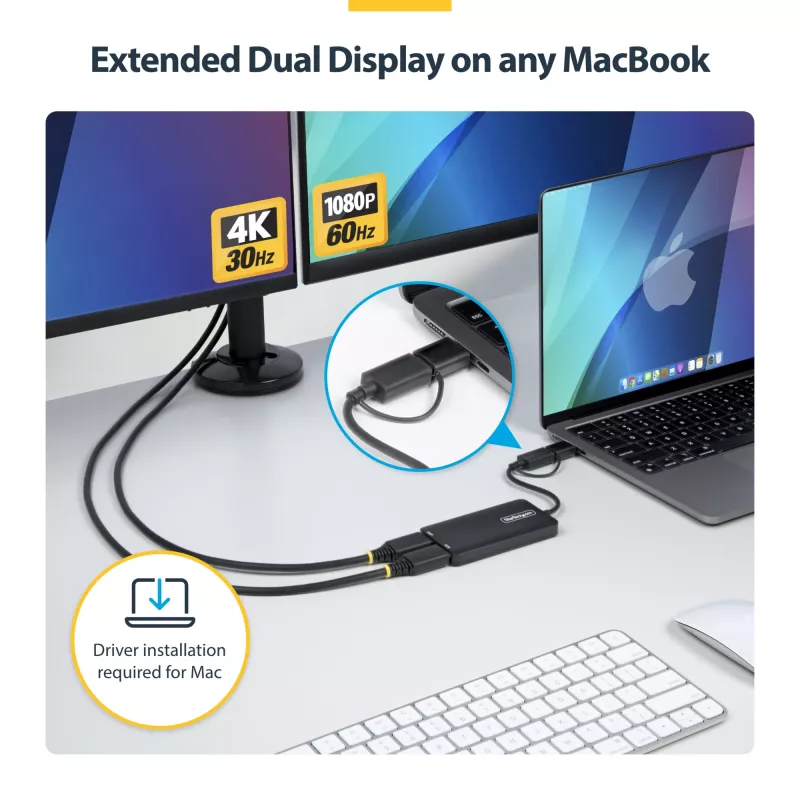 StarTech.com Adapter USB na Dual HDMI, USB A/C do 2 wyświetlaczy HDMI (1x 4K30Hz, 1x 1080p), zintegrowany klucz USB-A na C, kabel 4cale/11cm, Adapter USB 3.0 na HDMI, Windows i macOS