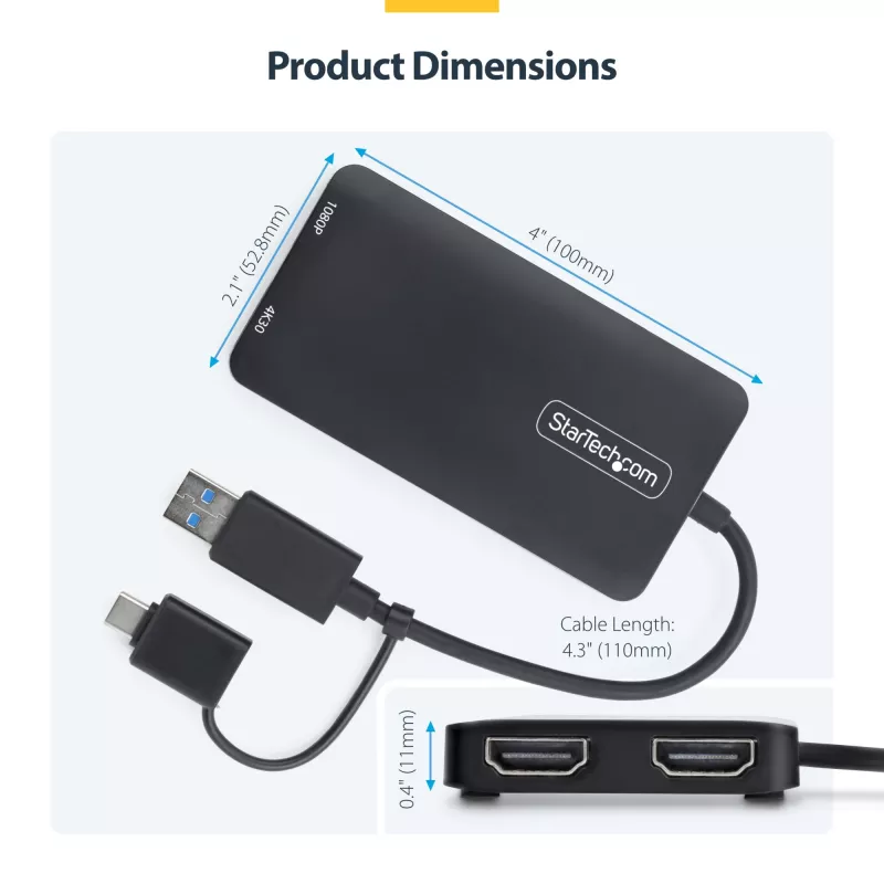 StarTech.com Adapter USB na Dual HDMI, USB A/C do 2 wyświetlaczy HDMI (1x 4K30Hz, 1x 1080p), zintegrowany klucz USB-A na C, kabel 4cale/11cm, Adapter USB 3.0 na HDMI, Windows i macOS