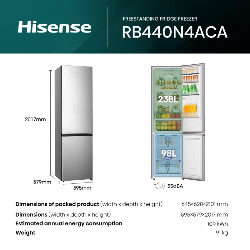 Hisense RB440N4ACA Wolnostojąca 336 L Stal nierdzewna