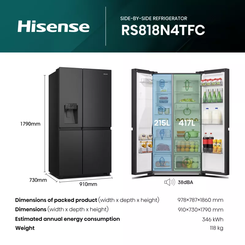 Hisense RS818N4TFC lodówka side-by-side wolnostojąca 632 l czarna, stal nierdzewna
