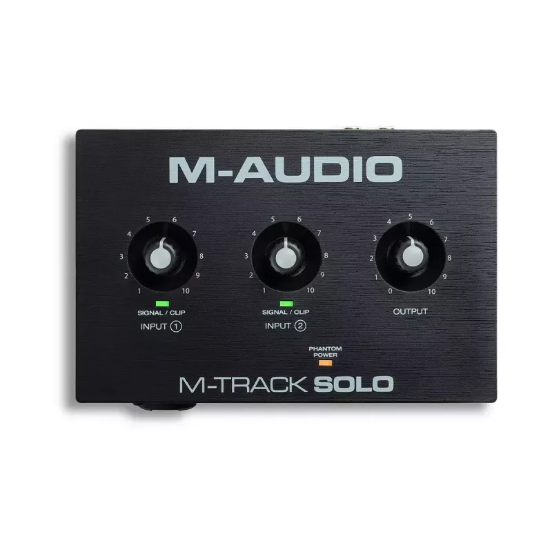 Interfejs audio M-Audio M-Track Solo — USB 16-bit/48 kHz, 1 we/1 wy, złącze combo XLR/TRS i wejście instrumentalne, phantom 48 V, wyjście słuchawkowe