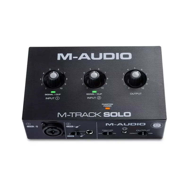 Interfejs audio M-Audio M-Track Solo — USB 16-bit/48 kHz, 1 we/1 wy, złącze combo XLR/TRS i wejście instrumentalne, phantom 48 V, wyjście słuchawkowe