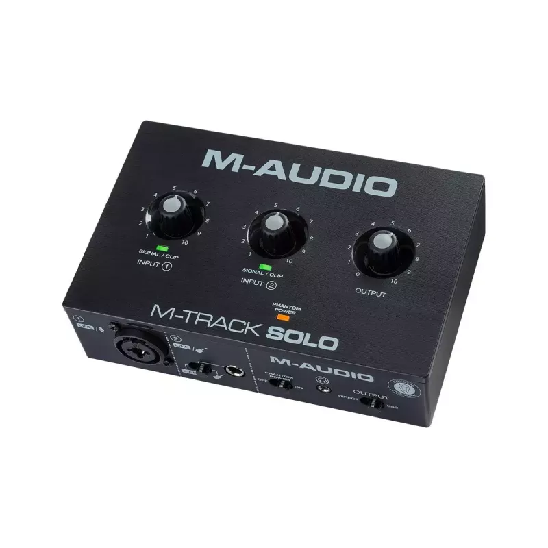 Interfejs audio M-Audio M-Track Solo — USB 16-bit/48 kHz, 1 we/1 wy, złącze combo XLR/TRS i wejście instrumentalne, phantom 48 V, wyjście słuchawkowe