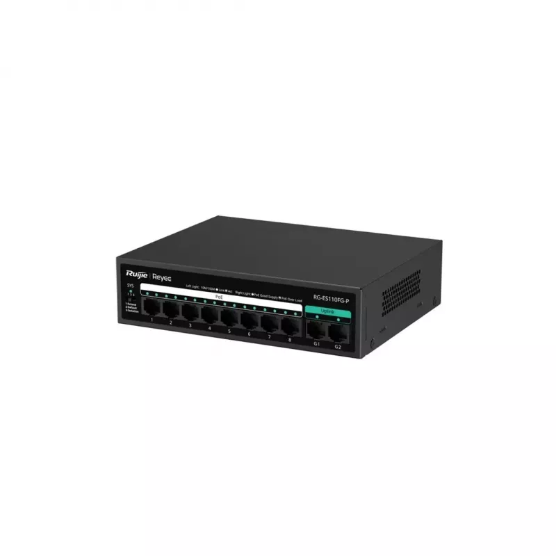 Niezarządzalny przełącznik PoE RUIJIE RG-ES110FG-P — 10-portowy Gigabit (10/100/1000) z 1 SFP, 120W, 20 Gbps przełączanie