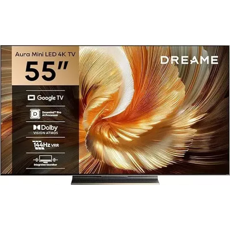 Smart TV Dreame Aura S100 55 cali, QLED+ (Mini Led), 4K UHD, Google TV, 144 Hz, procesor AI, zintegrowany soundbar, czarny