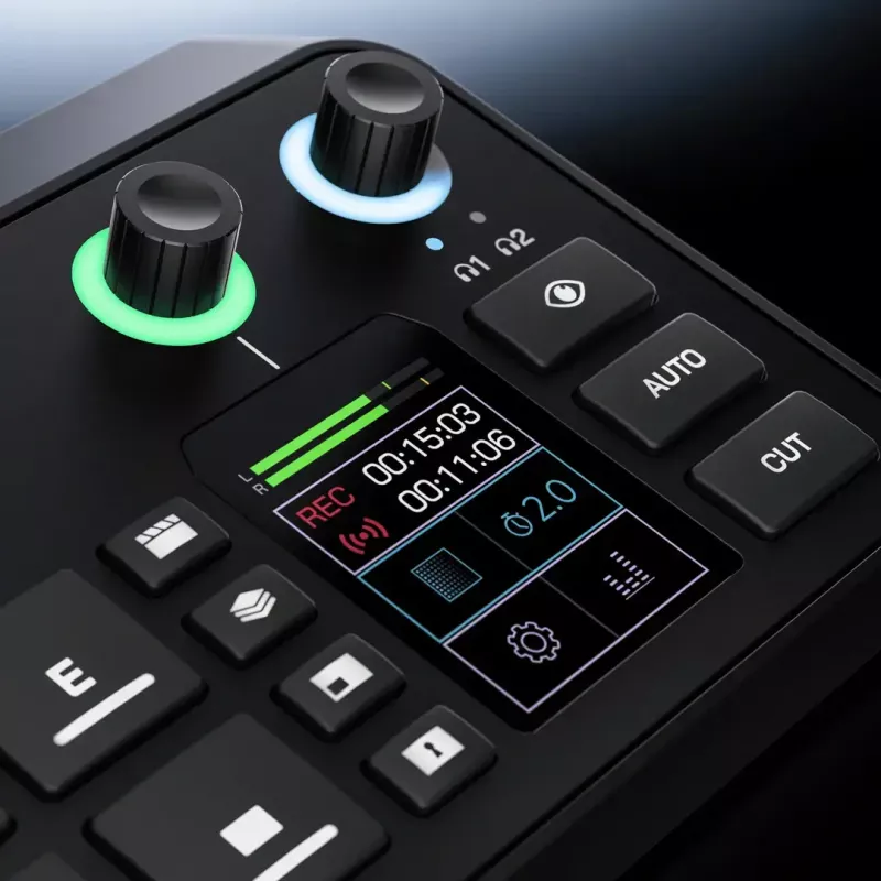 Wielokanałowa konsola do produkcji podcastów i transmisji na żywo Rode RodeCaster Video S RCVS-E — ekran dotykowy, Wi‑Fi, Bluetooth 5.3, 5x USB-C, 3x HDMI we, 1x HDMI wy, microSD