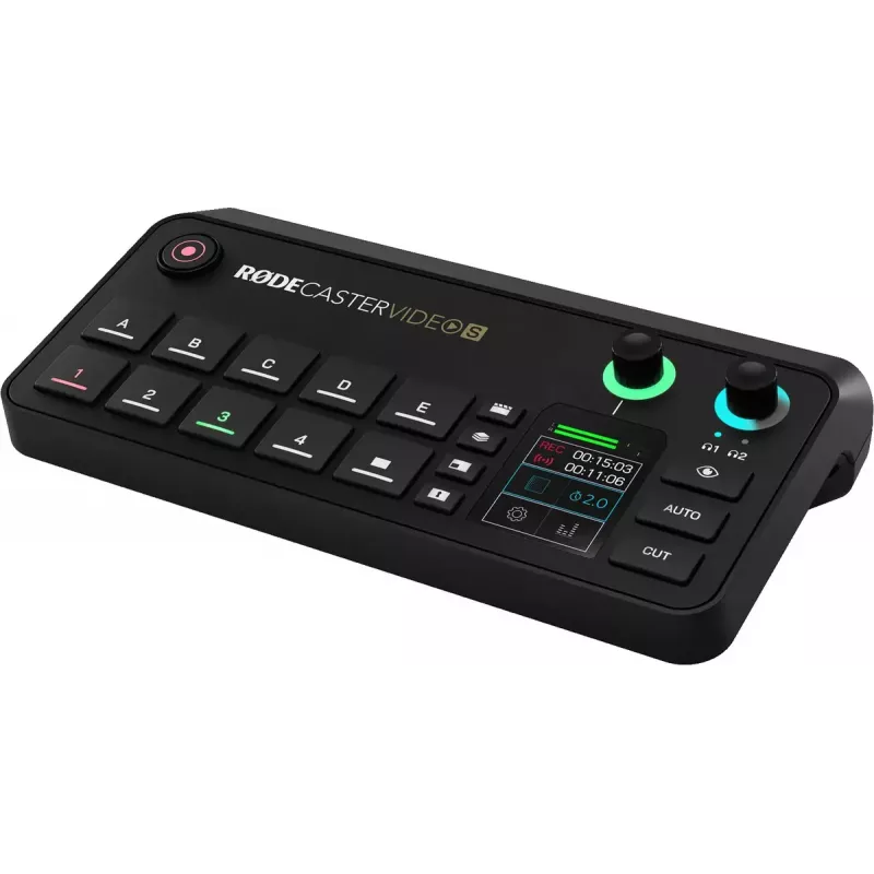 Wielokanałowa konsola do produkcji podcastów i transmisji na żywo Rode RodeCaster Video S RCVS-E — ekran dotykowy, Wi‑Fi, Bluetooth 5.3, 5x USB-C, 3x HDMI we, 1x HDMI wy, microSD