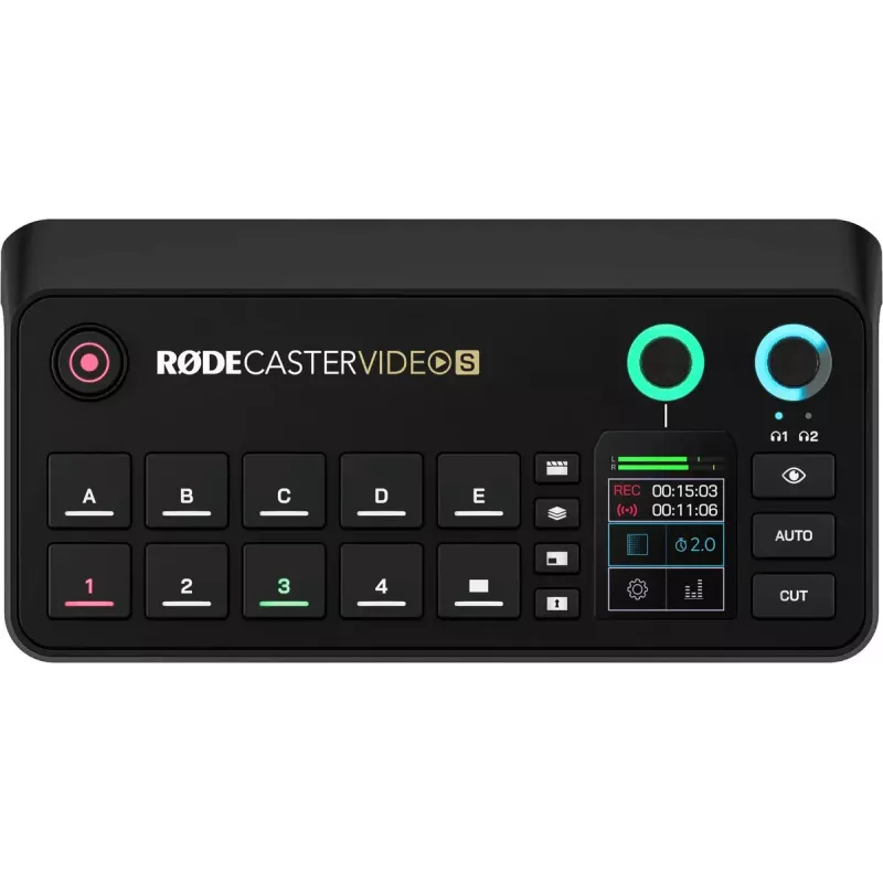 Wielokanałowa konsola do produkcji podcastów i transmisji na żywo Rode RodeCaster Video S RCVS-E — ekran dotykowy, Wi‑Fi, Bluetooth 5.3, 5x USB-C, 3x HDMI we, 1x HDMI wy, microSD