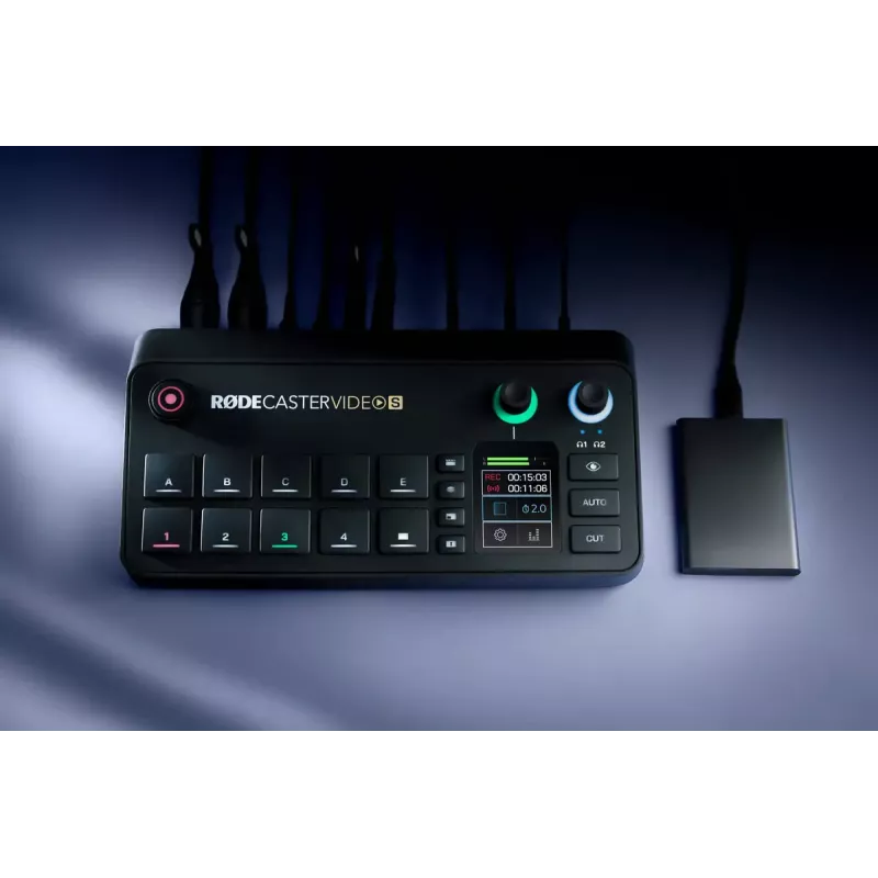 Wielokanałowa konsola do produkcji podcastów i transmisji na żywo Rode RodeCaster Video S RCVS-E — ekran dotykowy, Wi‑Fi, Bluetooth 5.3, 5x USB-C, 3x HDMI we, 1x HDMI wy, microSD