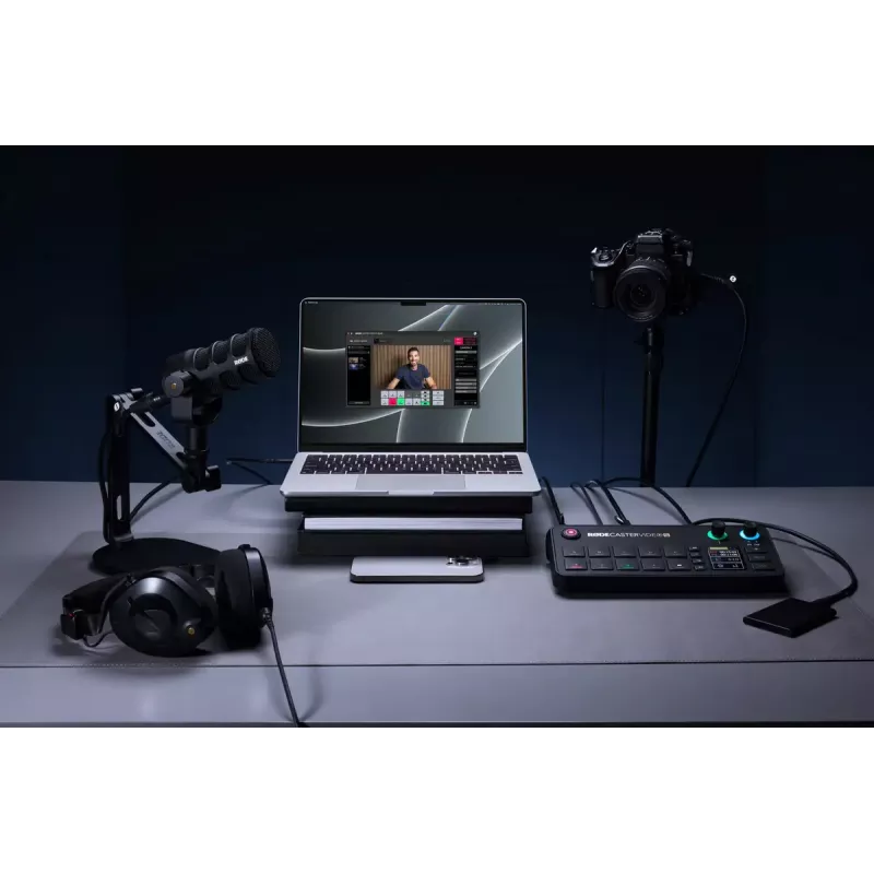 Wielokanałowa konsola do produkcji podcastów i transmisji na żywo Rode RodeCaster Video S RCVS-E — ekran dotykowy, Wi‑Fi, Bluetooth 5.3, 5x USB-C, 3x HDMI we, 1x HDMI wy, microSD