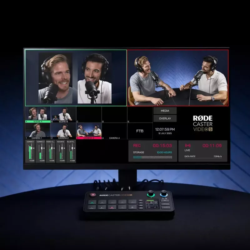 Wielokanałowa konsola do produkcji podcastów i transmisji na żywo Rode RodeCaster Video S RCVS-E — ekran dotykowy, Wi‑Fi, Bluetooth 5.3, 5x USB-C, 3x HDMI we, 1x HDMI wy, microSD