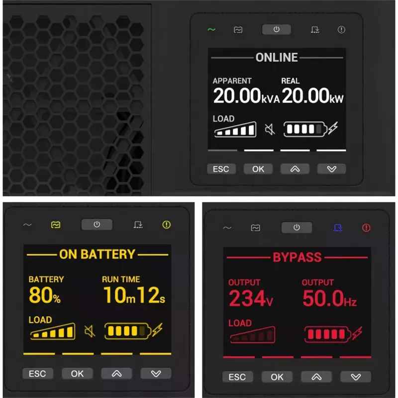 APC Smart-UPS On-Line, 15kVA/15kW, Rack/Wieża, 230V/380V...415V, Podłączenie na stałe 5-przewodowe (3P+N+E)+3-przewodowe (1P+N+E), Karta sieciowa, bez zestawu szyn