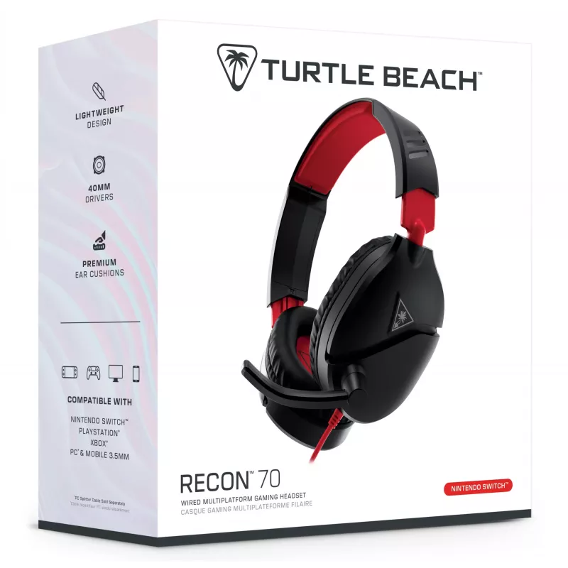 Nauszny stereofoniczny zestaw słuchawkowy gamingowy Turtle Recon 70 — czarny, przewodowy, stereofoniczny, sterowanie na jednej słuchawce